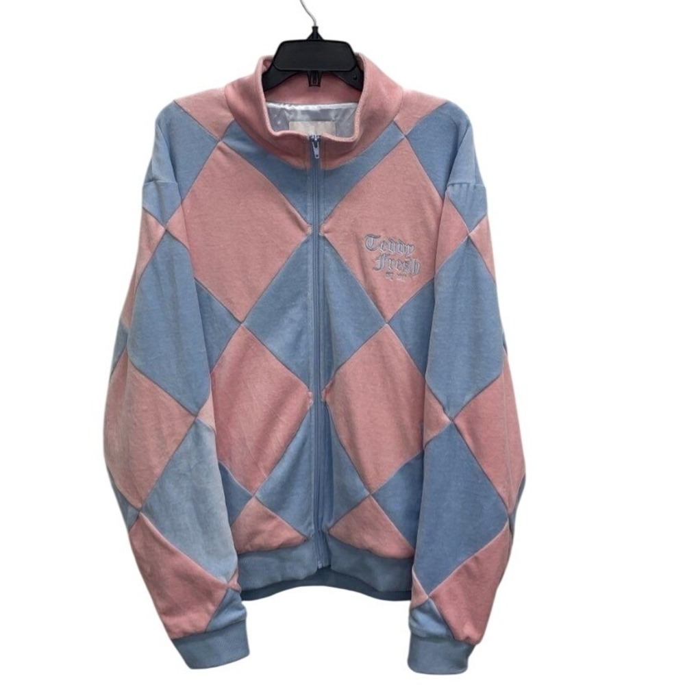Teddy Fresh Pink Powder Blue Diamond Print Velour Zip Jacket Mens 2XL Streetwear